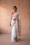 Embroidery Work Soft Cotton Saree - White