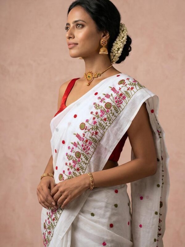 Embroidery Work Soft Cotton Saree - White
