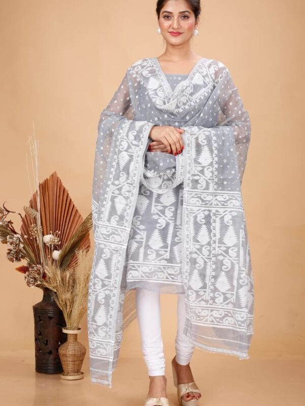 2 Piece Unstitched Soft Jamdani Churidar Set - Ash