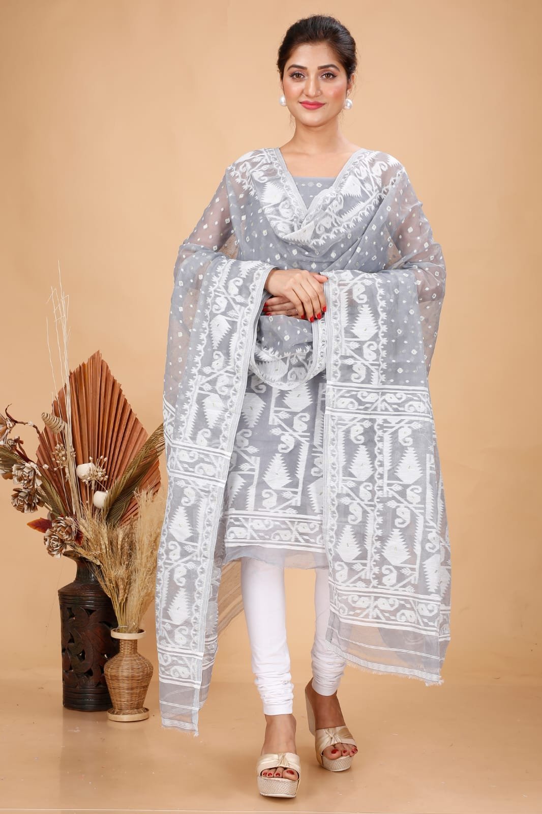 2 Piece Unstitched Soft Jamdani Churidar Set - Ash