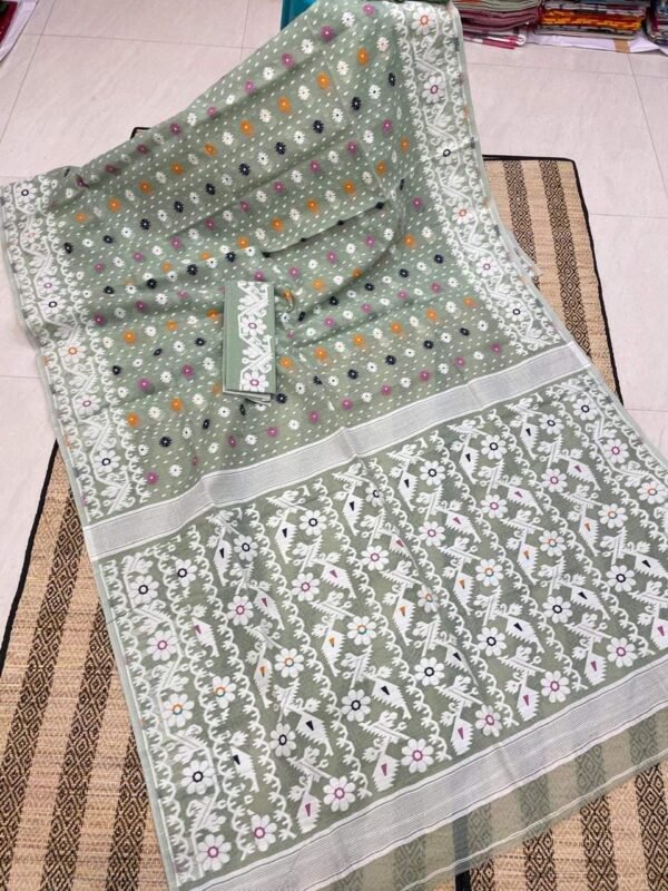 Shiuli Korat Soft Dhakai Jamdani Saree with Blouse Piece - Ash Grey