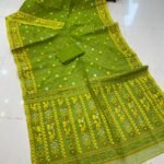 Patli Pallu Soft Dhakai Jamdani Sari with Blouse Piece - Avocado Green