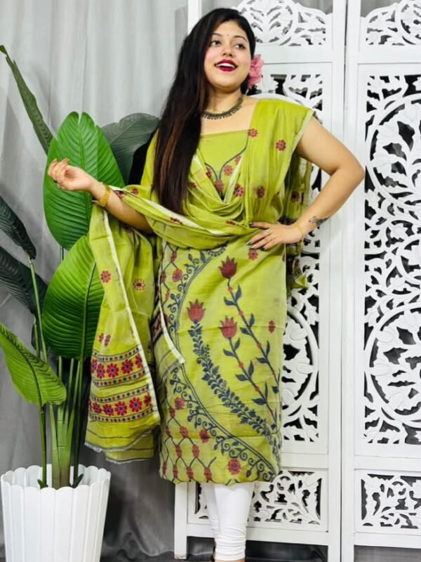 Unstitched Soft Jamdani Churidar Piece - Avocado Green