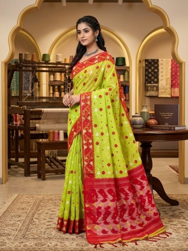 Buti Jal Soft Dhakai Jamdani Sari with Blouse Piece - Avocado Green
