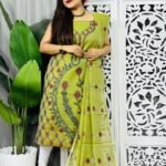 Unstitched Soft Jamdani Churidar 2 Piece Set - Avocado Green