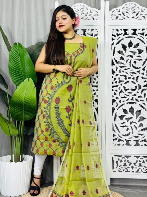 Unstitched Soft Jamdani Churidar Piece - Avocado Green