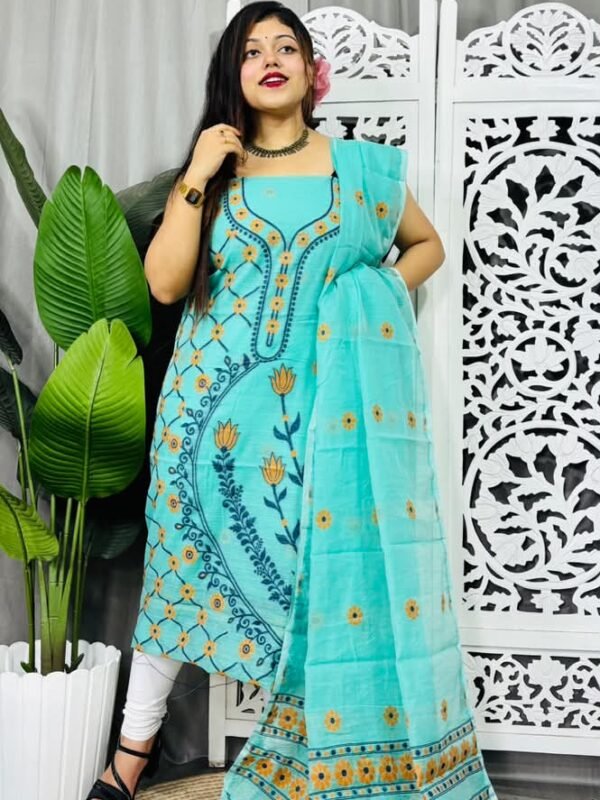 Unstitched Soft Jamdani Churidar Piece - Blue Diamond