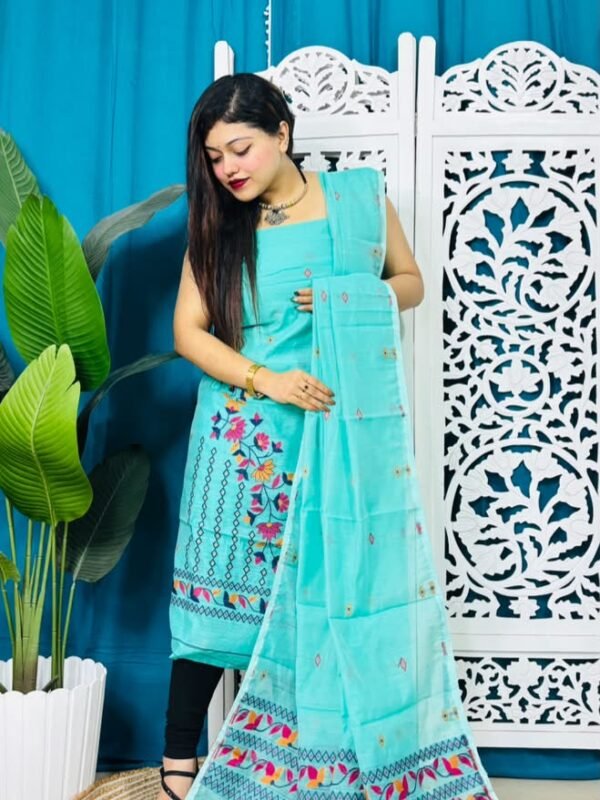 2 Piece Unstitched Soft Jamdani Churidar Set - Blue Diamond