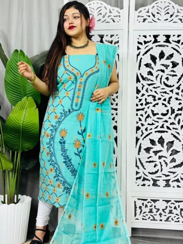 Unstitched Soft Jamdani Churidar Piece - Blue Diamond