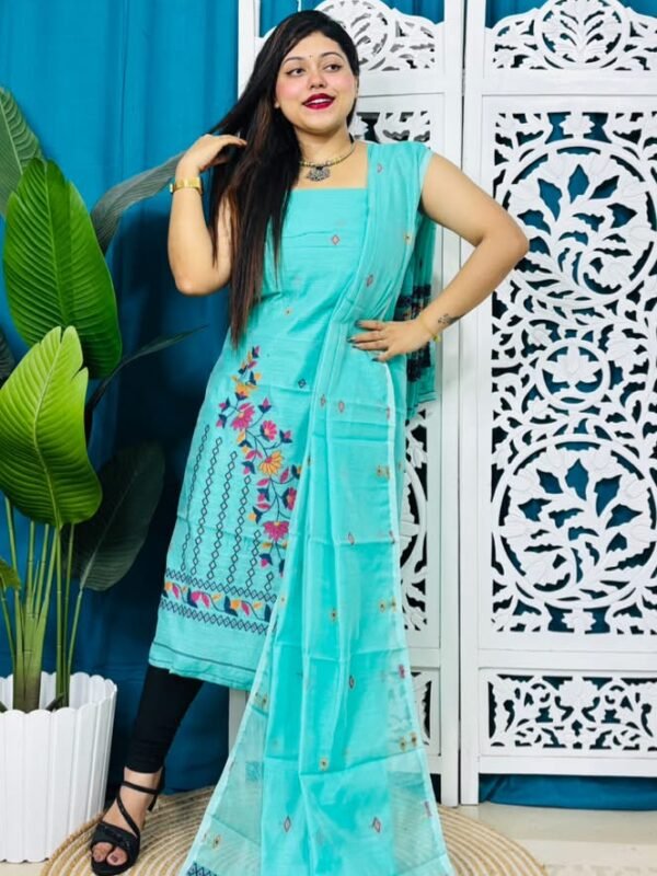 2 Piece Unstitched Soft Jamdani Churidar Set - Blue Diamond