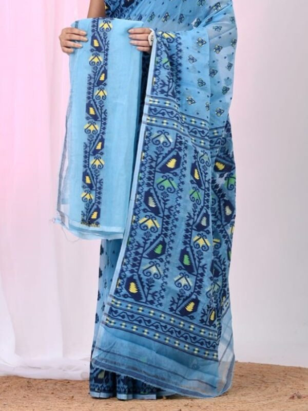 Ikkat Soft Dhakai Jamdani Sari with Blouse Piece - Blue Hosta