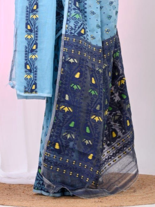 Ikkat Soft Dhakai Jamdani Sari with Blouse Piece - Blue Hosta