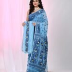 Ikkat Soft Dhakai Jamdani Sari with Blouse Piece - Blue Hosta
