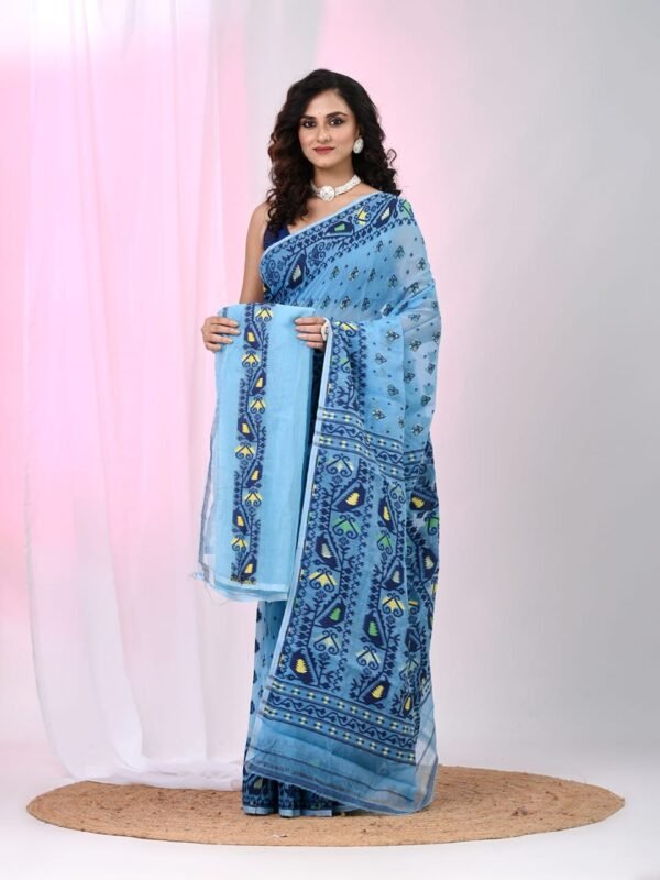 Ikkat Soft Dhakai Jamdani Sari with Blouse Piece - Blue Hosta