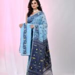 Ikkat Soft Dhakai Jamdani Sari with Blouse Piece - Blue Hosta