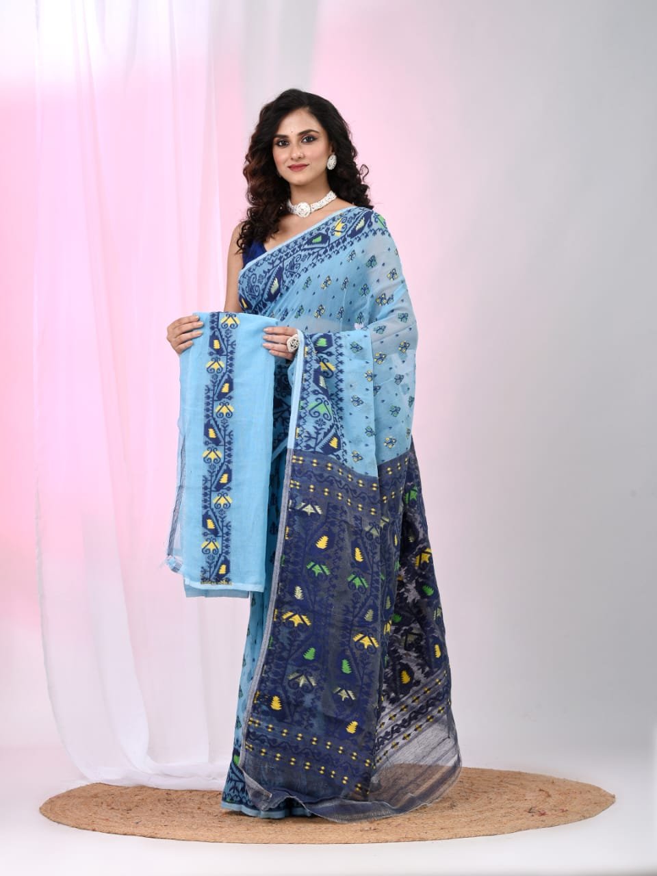 Ikkat Soft Dhakai Jamdani Sari with Blouse Piece - Blue Hosta