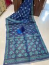 Pata Soft Dhakai Jamdani Sari with Blouse Piece - Blue Zodiac