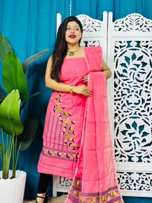 2 Piece Unstitched Soft Jamdani Churidar Set - Brink Pink