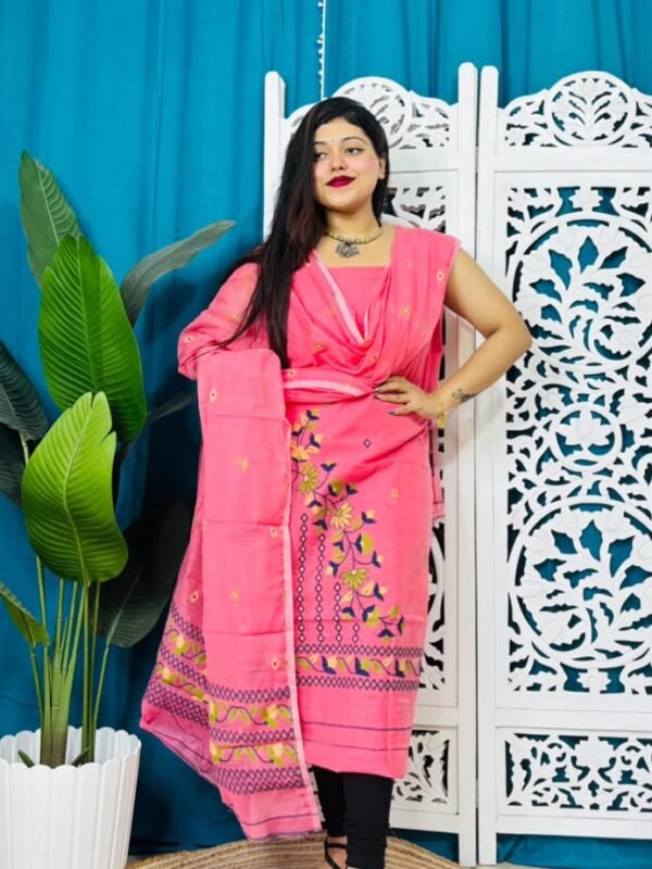 2 Piece Unstitched Soft Jamdani Churidar Set - Brink Pink