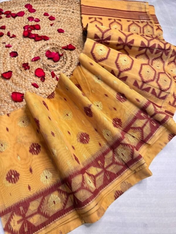 Barfi Buti Soft Dhakai Jamdani Sari with Blouse Piece - Brownish Orange