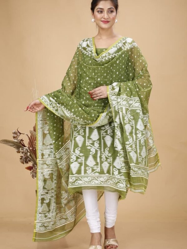 2 Piece Unstitched Soft Jamdani Churidar Set - Camo Green