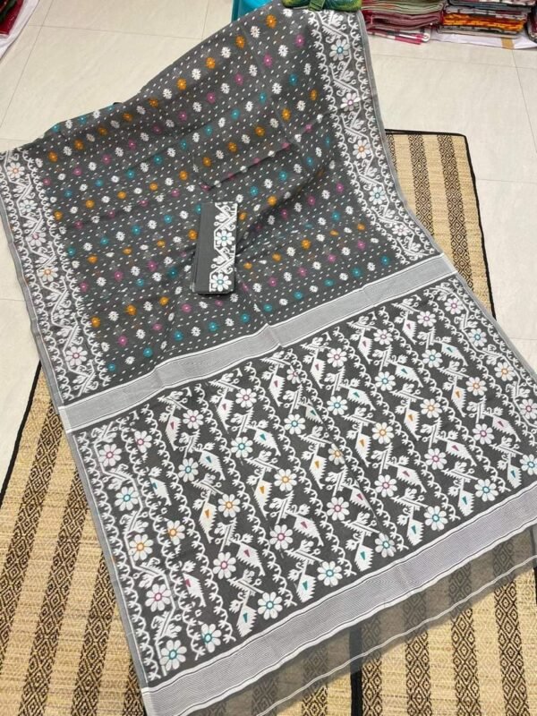 Shiuli Korat Soft Dhakai Jamdani Saree with Blouse Piece - Carbon Grey
