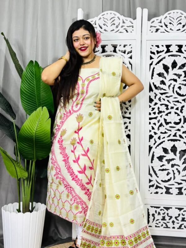 Unstitched Soft Jamdani Churidar Piece - Chrome White