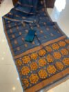 Soft Dhakai Jamdani Saree with Blouse Piece - Dark Blue Grey - Image 2