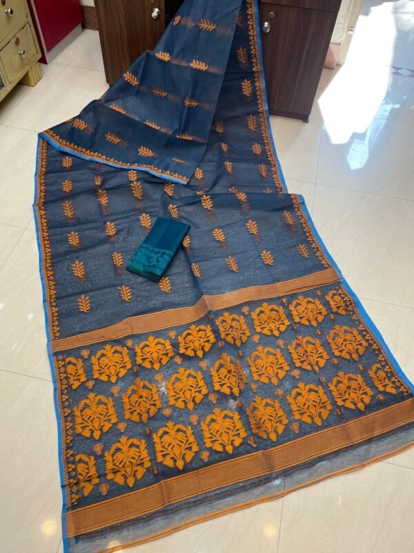 Soft Dhakai Jamdani Saree with Blouse Piece - Dark Blue Grey