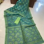 Pata Soft Dhakai Jamdani Sari with Blouse Piece - Dark Green Blue