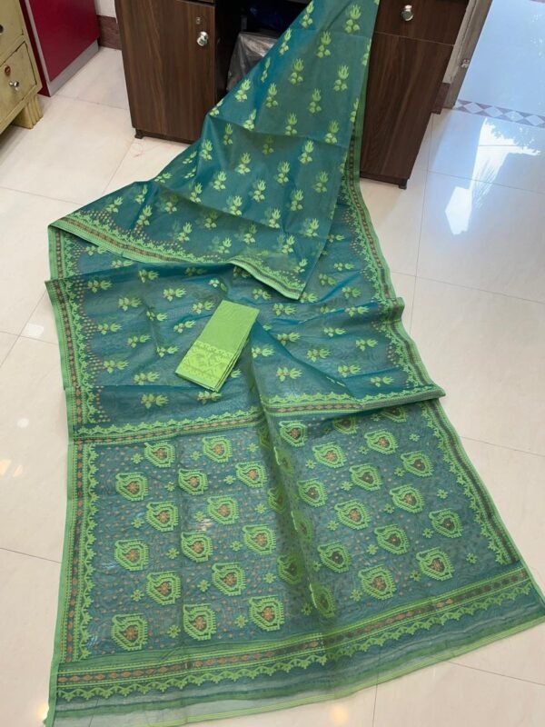 Pata Soft Dhakai Jamdani Sari with Blouse Piece - Dark Green Blue