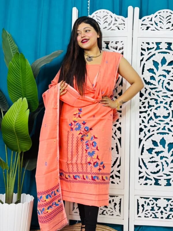 2 Piece Unstitched Soft Jamdani Churidar Set - Dark Salmon
