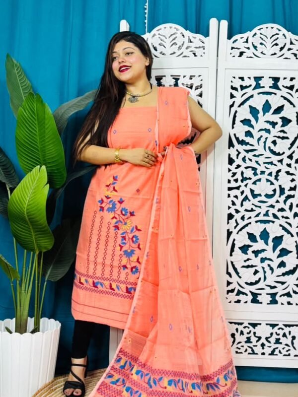 2 Piece Unstitched Soft Jamdani Churidar Set - Dark Salmon