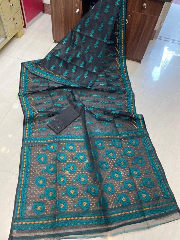 Pata Soft Dhakai Jamdani Sari with Blouse Piece - Davy Grey