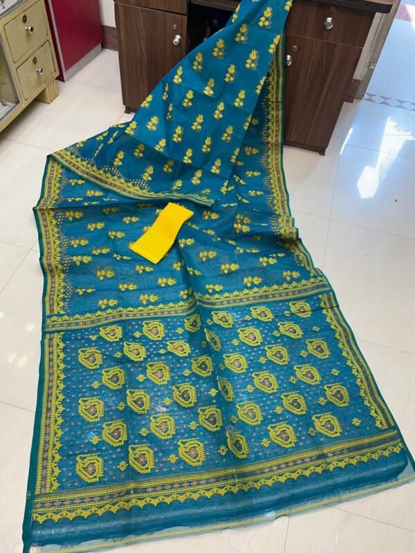 Pata Soft Dhakai Jamdani Sari with Blouse Piece - Deep Sea Blue