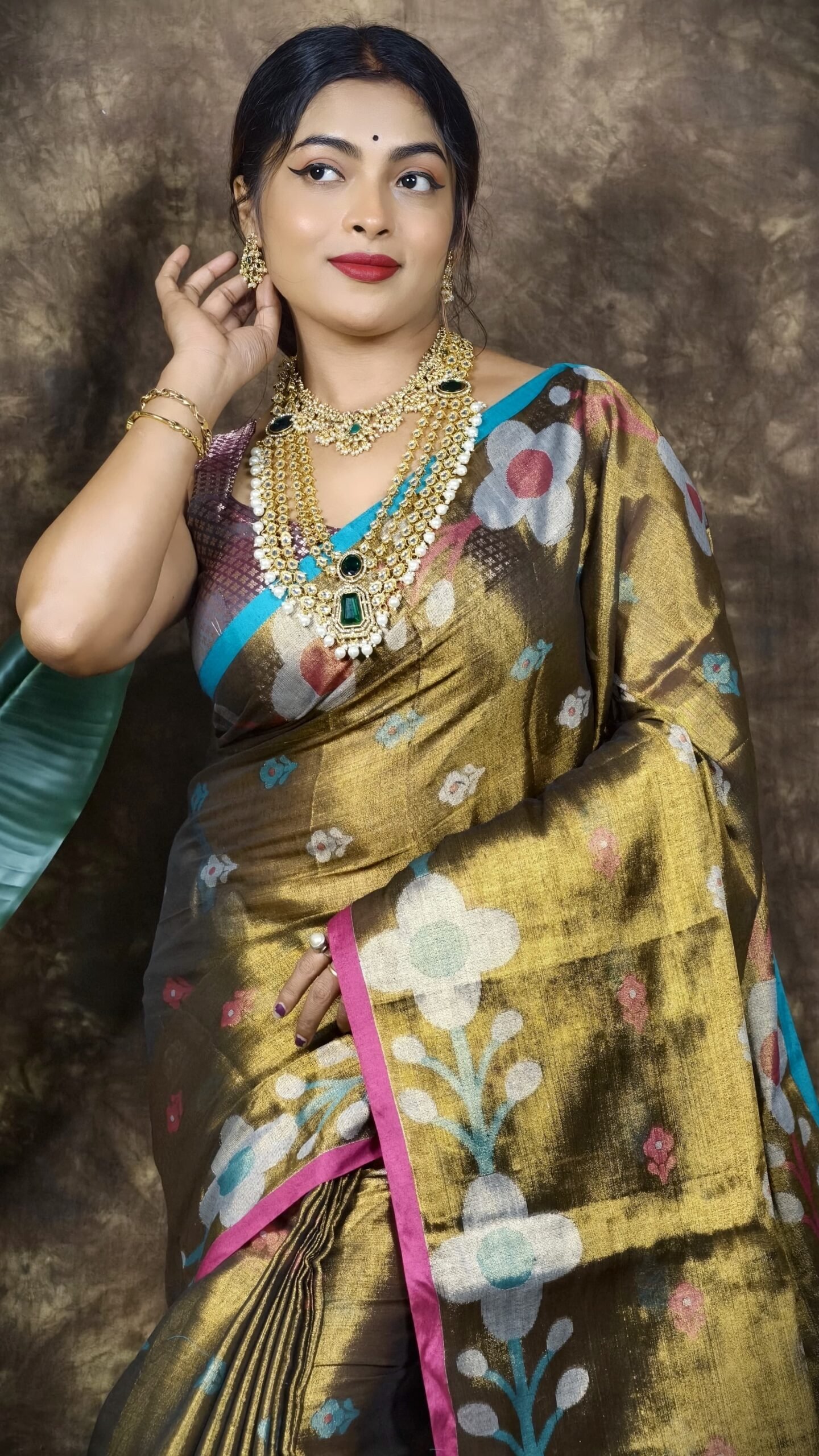 Sunflower Design Soft Dual Tone Tissue Sari - With Blouse Piece