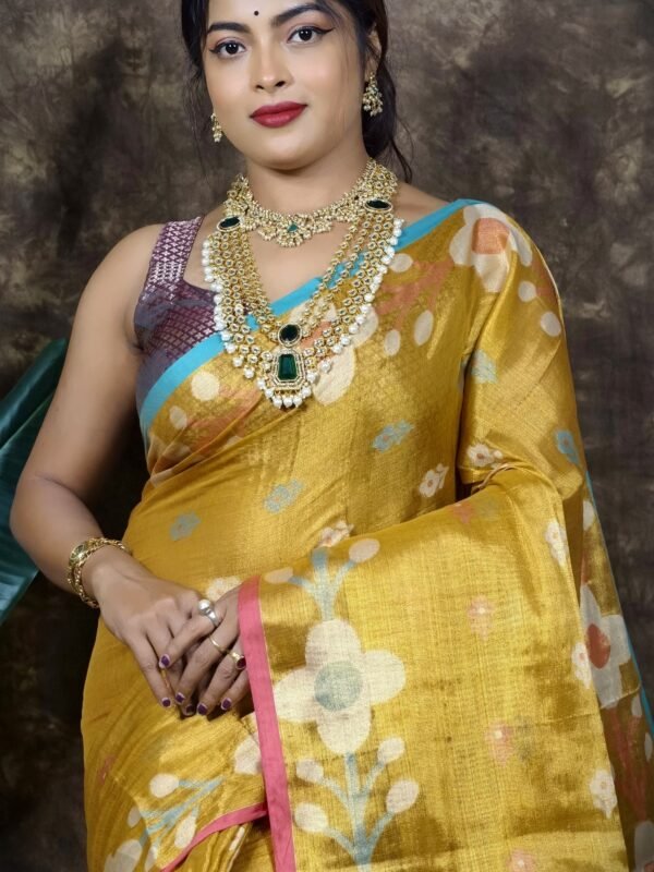 Sunflower Design Soft Dual Tone Tissue Sari - With Blouse Piece