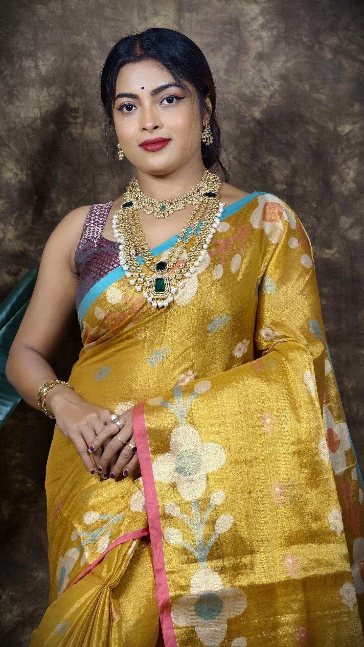 Sunflower Design Soft Dual Tone Tissue Sari - With Blouse Piece