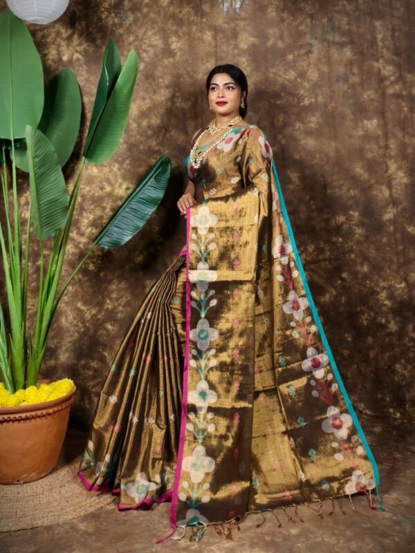 Sunflower Design Soft Dual Tone Tissue Sari - With Blouse Piece