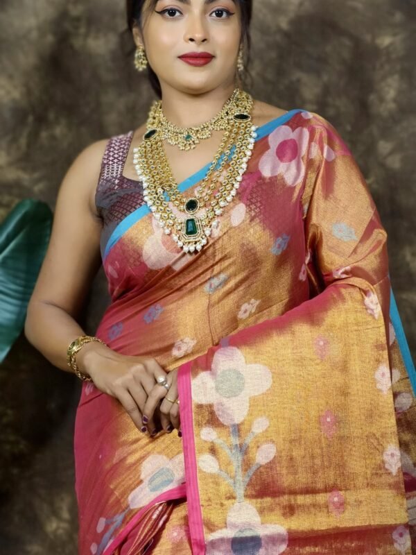 Sunflower Design Soft Dual Tone Tissue Sari - With Blouse Piece