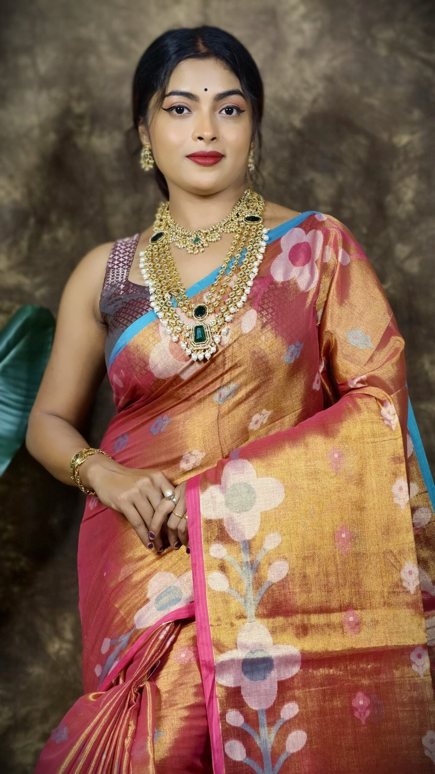 Sunflower Design Soft Dual Tone Tissue Sari - With Blouse Piece