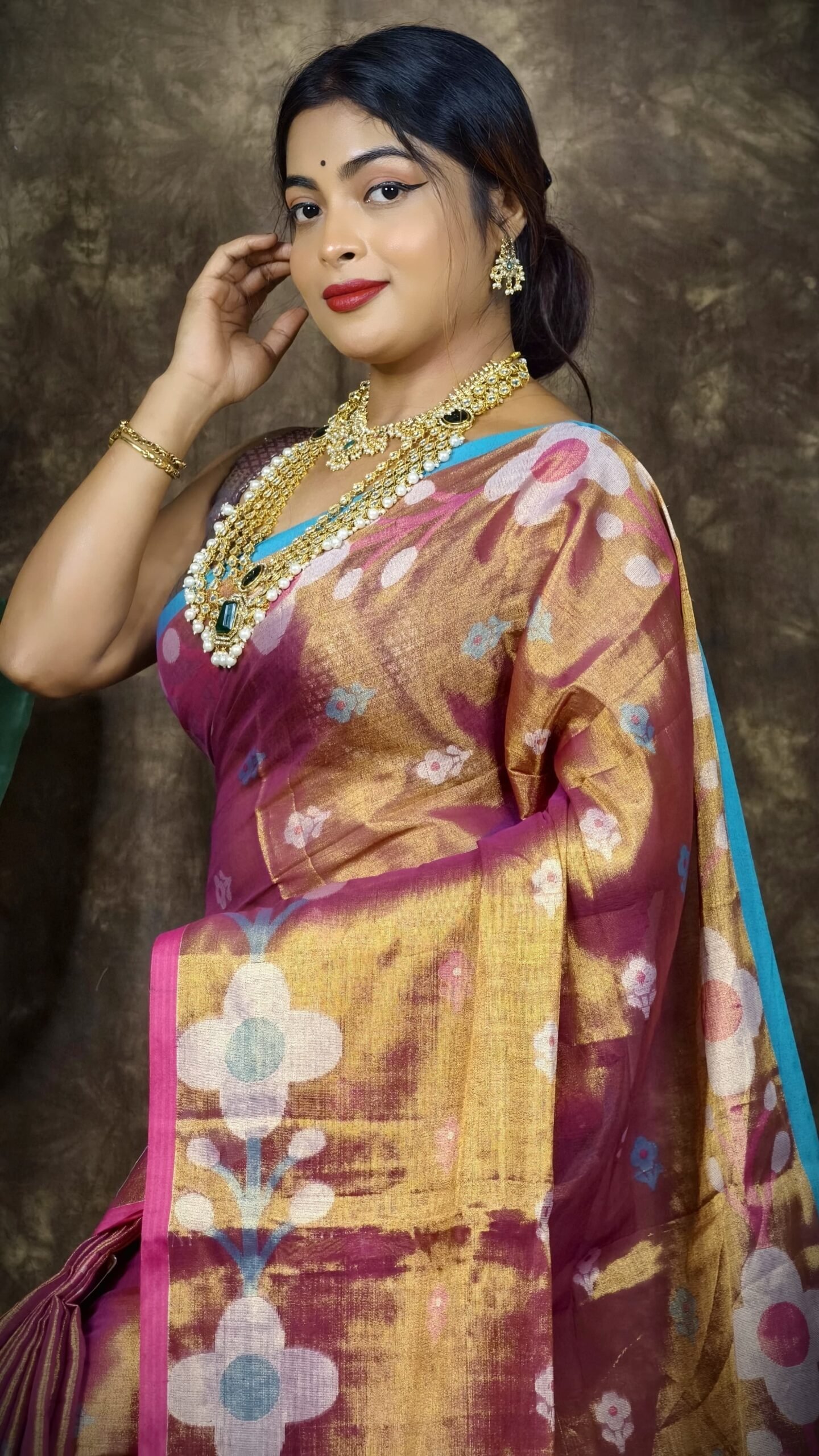 Sunflower Design Soft Dual Tone Tissue Sari - With Blouse Piece