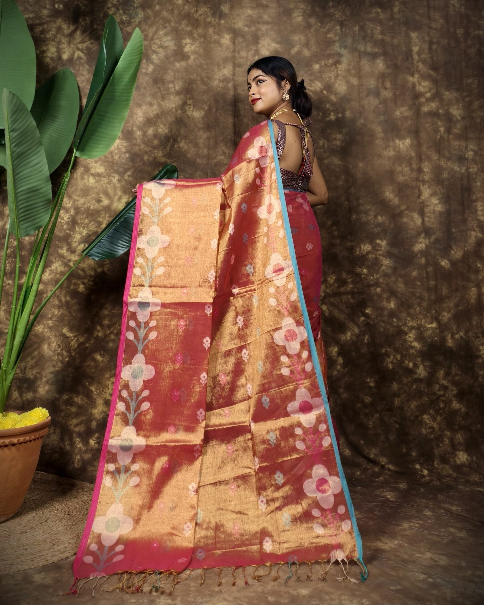 Sunflower Design Soft Dual Tone Tissue Sari - With Blouse Piece