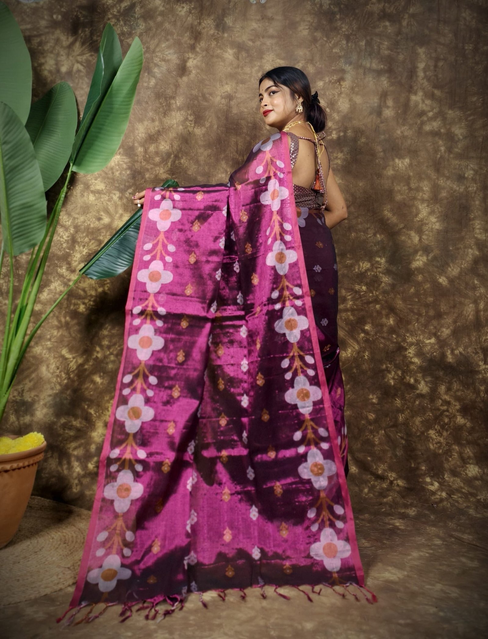 Sunflower Design Soft Dual Tone Tissue Sari - With Blouse Piece