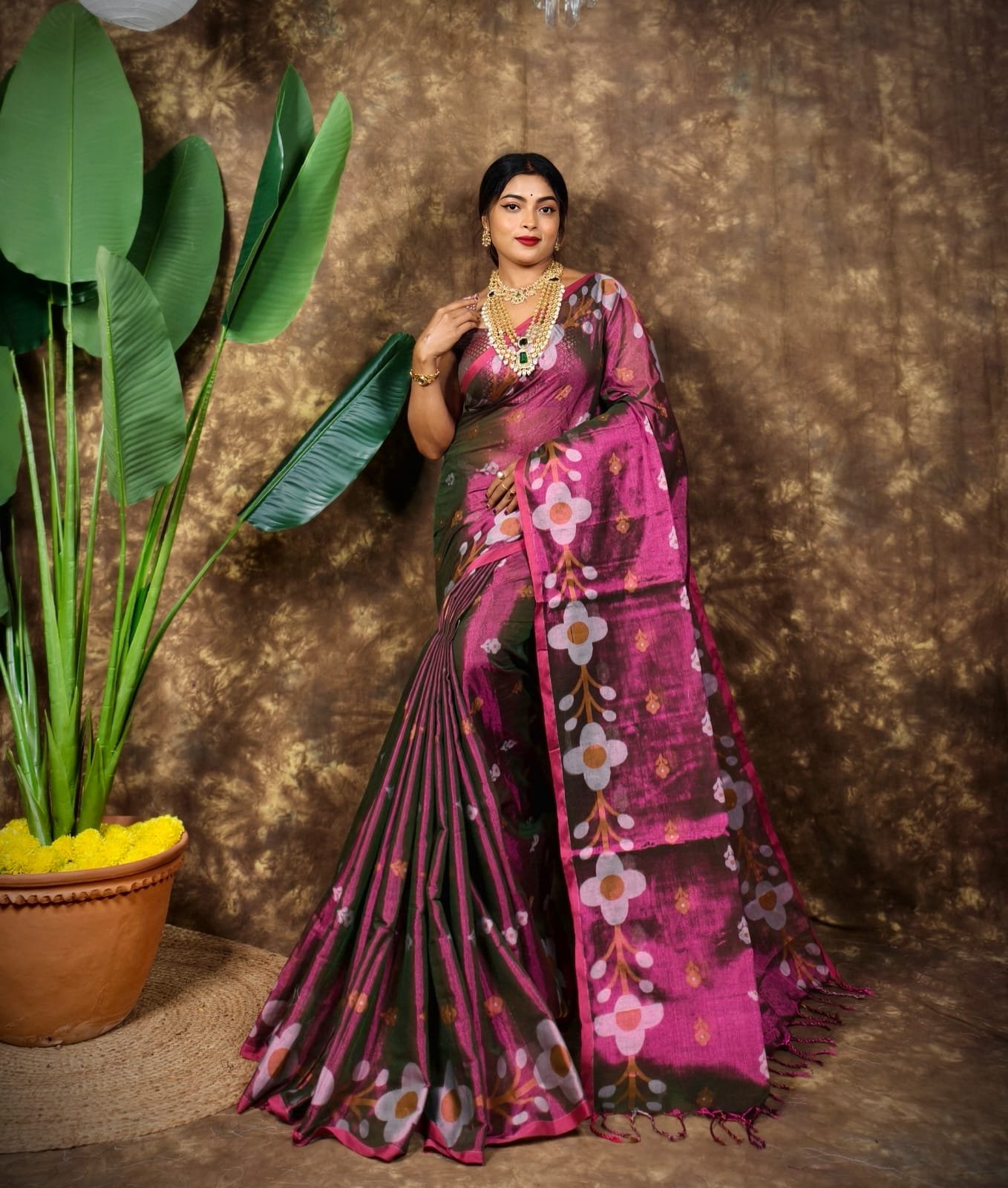 Sunflower Design Soft Dual Tone Tissue Sari - With Blouse Piece