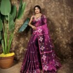 Sunflower Design Soft Dual Tone Tissue Sari - With Blouse Piece