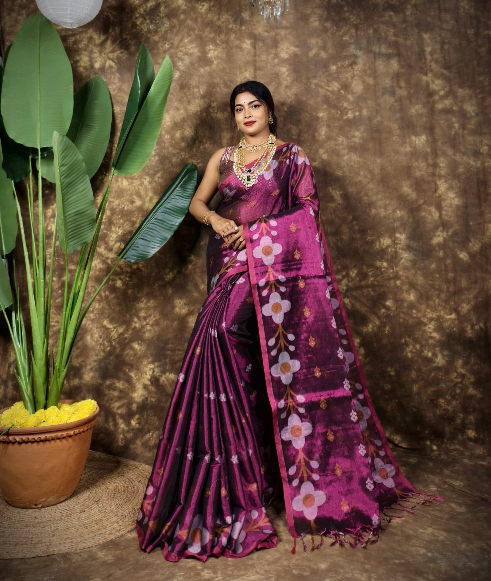 Sunflower Design Soft Dual Tone Tissue Sari - With Blouse Piece