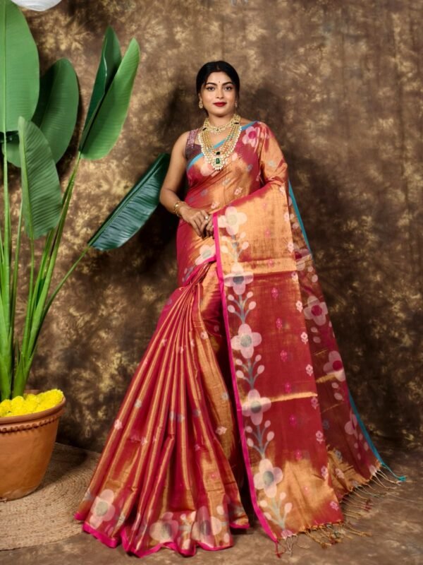 Sunflower Design Soft Dual Tone Tissue Sari - With Blouse Piece