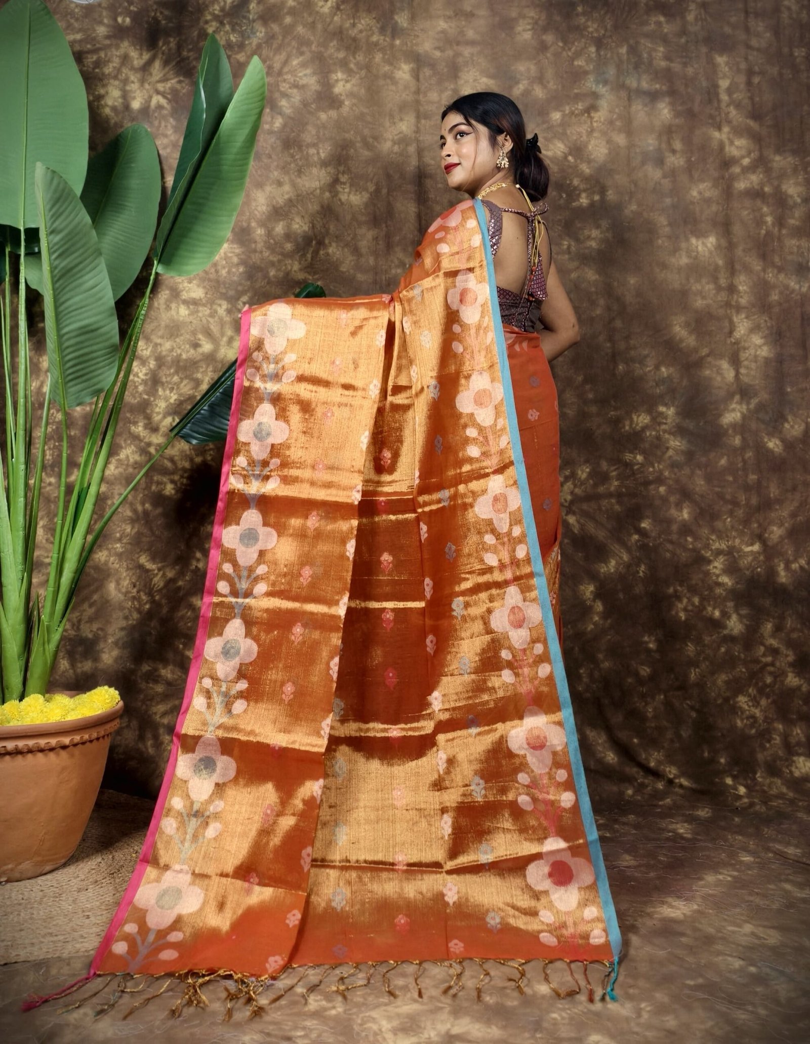 Sunflower Design Soft Dual Tone Tissue Sari - With Blouse Piece
