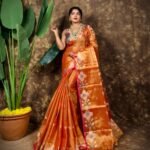 Sunflower Design Soft Dual Tone Tissue Sari - With Blouse Piece